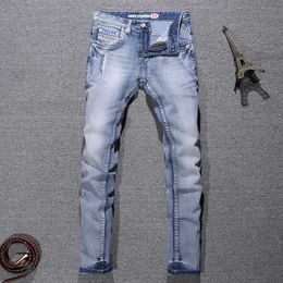 Italian Style Fashion Men Jeans Distred Light Blue Elastic Cotton Ripped Vintage Retro Designer Slim Denim Pants