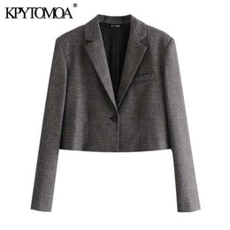 KPYTOMOA Women Fashion Single Button Cropped Cheque Blazer Coat Vintage Long Sleeve Female Outerwear Chic Veste Femme 210930