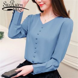 womens tops blouses blusas mujer de moda korean fashion clothing chiffon blouse Button Solid V-Neck white 2308 50 210521