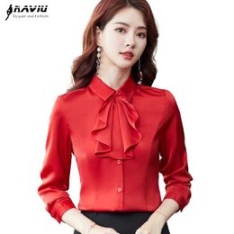 Professional Temperament Red Long Sleeve Shirt Women Autumn Bow Tie Fashion Chiffon Blouses Office Ladies Work Tops 210604