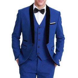 Royal Blue Men Suits Slim Fit 3 Piece Groom Tuxedo Formal Blazer Vest Male Fashion Wedding Costume Latest Coat Pant Designs X0909