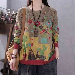 Spring and autumn fashion printed knitted hollow round neck sweater women's wild literary slim loose top 210427