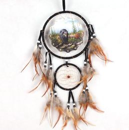 Arts And Crafts Eagle Bear Wolf Design Handmade Dream Catcher With Feathers Animal Pattern Car Wall Hanging Decorations Ornament