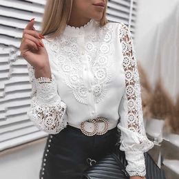 White Elegant Lace Hollow Out Women Blouse Spring Long Sleeve Shirts Y2K Buttons Mesh Top Autumn Vintage Ladies Clothes 210721