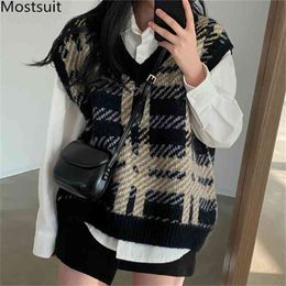 Plaid Knitted V-neck Sweater Vest Women Sleeveless Loose Vintage Korean Tops Pullovers Spring Casual Fashion Female 210513