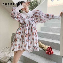 Peter Pan Collar Spring Dresses For Women Long Sleeve Frog Button Knee Length Korean Style Print Cute Dress 210427