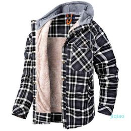 Luxury-Winter Casual Plaid Hooded Veet Thickened Warm Men Shirt Men's Cotton Loose Long Sve Shirts