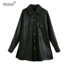 BBWM Women Fashion Pockets Oversized Faux Leather Shirt Jacket Vintage Long Sleeve Side Vents Coat Female Chic Outerwear 210520