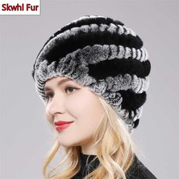 Women Winter Warm Real Rex Rabbit Fur Hat Snow Cap s for Girls Knit Skullies Beanies Natural Fluffy 211228