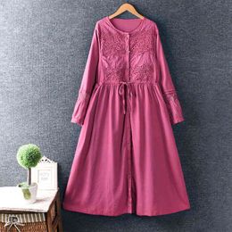 Lamtrip Linen Lace Hollow Embroidery Patchwork Drawstring Long Sleeve Dress Spring Retro Robes 210413