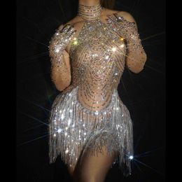 Shining Rhinestone Tassel Dance Bodysuit Sexy Women Elastic Mesh Net Perspective Crystal Leotard Singer Dancer Stage Wear Outfit250k