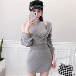 Spring Two Piece Suits Slim Bat sleeve Bodycon Casual Knitted Sweater Sets Mini Grey Dress 210520