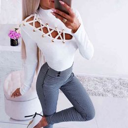 Sexy Slim Cross Hollow Out High Collar Long Sleeve Tops For Autumn Women Black White Knitted Pullover Casual Sweater Winter 210507
