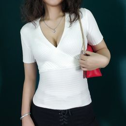 Women Sweater Knitting Pullover Top Summer Female Short Sleeve Elastic Skinny Slim Solid Sexy Deep V-neck Low Cut Knitted Shirts 210423