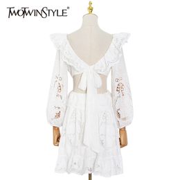 Vintage White Lace Up Bowknot Dress For Women V Neck Puff Long Sleeve High Waist Hollow Out Mini Dresses Female 210520