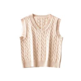 Vintage Women V-Neck Sweaters Vest Fashion Ladies Solid Knitted Tanks Streetwear Female Chic Beige Pullovers 210527