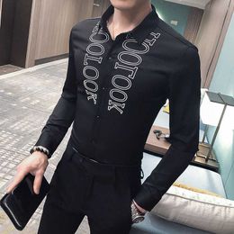 Spring Casual Men Shirt Embroidered Letters Long Sleeve Dress Shirts Slim Fit Streetwear Social Work Clothes Blouse Homme 210527