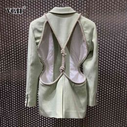 Green Patchwork Diamond Blazer For Women Notched Long Sleeve Backless Hollow Out Casual Straight Blazers Female Fashion 210531