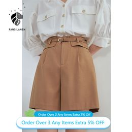 FANSILANEN High waist summer casaul shorts Women belt pleated wide leg black Office lady elegant green short pants female 210719