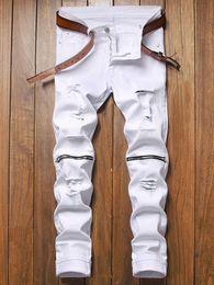 Stretch White Men's Jeans Fashion Knee Zipper Ripped Pants Casual Slim Trendy Outwear Pantalones Para Hombre Vaqueros