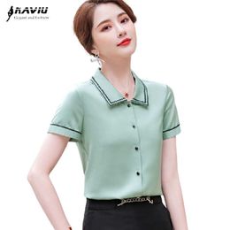Light Green Shirt Women Short Sleeve Summer Fashion Temperament High End Satin Chiffon Blouses Office Ladies Work Tops 210604