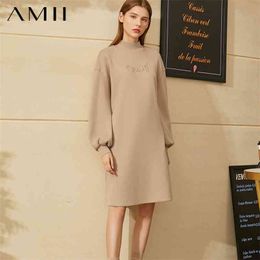 Minimalism Winter Fashion Sweatershirt Dress Causal Turtleneck Embroidery Lantern Sleeve Women For 12030324 210527