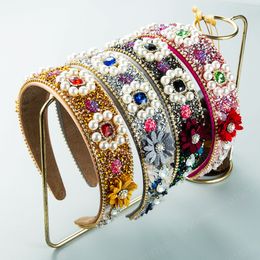 Luxury Crystal Flower Headband Vintage Imitation Pearl Rhinestone Beaded Hairband Bridal Wedding Headpieces