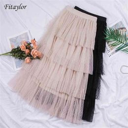 Fitaylor Spring Sweet Cake Layered Long Mesh Skirts Princess High Waist Ruffled Vintage Tiered Tulle Pleated ins 210619