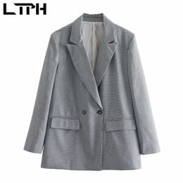 American vintage houndstooth Plaid Blazers women loose Jackets long sleeve Double Breasted Lady Suit Coat Spring 210427