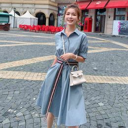 Women Casual Blue Lapel Short Puff Sleeve Pleated Long Length Shirt Dress Loose Fashion Summer 16F1290 210510