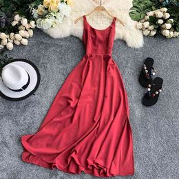 Holiday Open Back Dress Round Neck Sleeveless High Waist Skinny Beach Woman Solid Colour Vestidos F410 210527