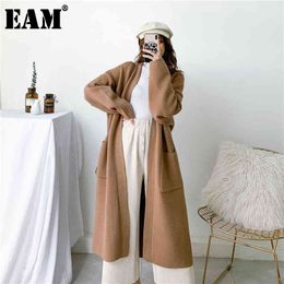 [EAM] Camel Big Size Knitting Cardigan Sweater Loose Fit V-Neck Long Sleeve Women Fashion Autumn Winter 1Y207 210512