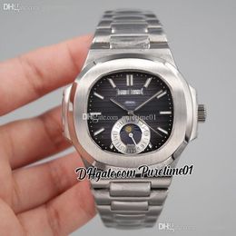 2022 5726 Annual Calendar Moon Phase Automatic Mens Watch Steel Case Grey Textured Dial Stick Stainless Steel Bracelet 6 Styles Watches Puretime01 E18SS-K11