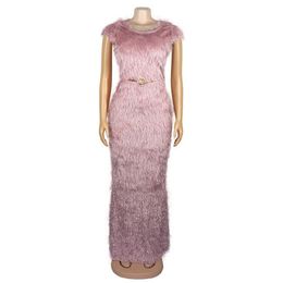 African Luxury Long Dress Pink Plush High Waist Bodycon Floor Length Solid Elegant Wedding Evening Party Dinner Dresses 210510