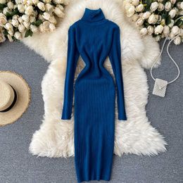 Sweater Dress 2021 Winter Turtleneck Warm Long Sleeve Knit Dress Korean Fashion Casual Solid Women Midi Bodycon Dress Y1006