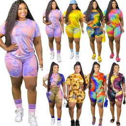 Women Tie-dye Splicing Tracksuits Fashion Round Neck Short Sleeve Tops Skinny Shorts Summer Plus Size Casual 2Pcs Sets SC6616