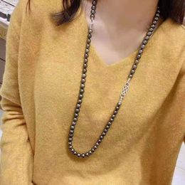 Hand knotted dual use 100cm 8mm white black shell pearl necklace micro inlay zircon accessories sweater chain fashion jewelry