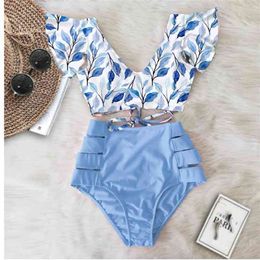 Print Swimwear Women High Waist Bikini Ruffle Swimsuit Push Up Bikinis Set Bathing Suit Beach wear Summer Biquini Female 210702