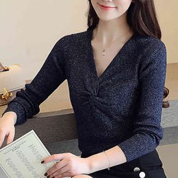 Women Sweater sueter mujer invierno Korean v-neck slim Sexy Twist knit Long Sleeve knitting Tops 662C 210420