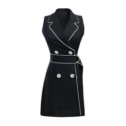 Office Lady Notched Black White Button Sleeveless Sarafan Mini Short Dress Work Summer D0775 210514