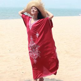 Embroidery Kaftan Beach Tunic Cotton Cover up Saida de Praia Swimsuit Women Bikini cover Pareo Sarong wear #Q854 210420