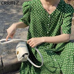 CRRIFLZ Summer Vintage Dress Women Puff Sleeve Button V Neck Medium Long Chiffon 210520