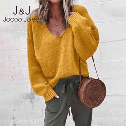 Jocoo Jolee Women Winter Casual V Neck Sweater Solid Batwing Sleeve Vintage Loose Knitted Pullover Casual Jumpers Streetwear 210518