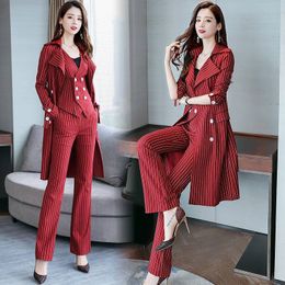 Stylish Striped 3 Piece Set Women Spring Goddess Conjunto Feminino Year-old Female Costume Ensemble Femme Deux Pieces Pant Suit X0428