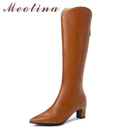 Western Boots Women Shoes Zip High Heel Knee-High Pointed Toe Block Heels Female Long Autumn Beige Size 210517