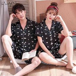 Summer Sleepwear Women's Couple Pajamas Pijamas Women Satin Pyjama Woman Short Sleeve Silk Pyjama Set Home Suit Men Pajamas Set 210831