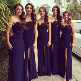 Navy Blue Bridesmaid Dresses Sweetheart Neckline Floor Length Side Slit Lace Applique Beaded Maid of Honour Gown vestido Custom Made Plus Size Formal Occasion 2022