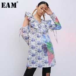 [EAM] Women Blue Striped Split Bandage Drawstring Dress V-Neck Long Sleeve Loose Fit Fashion Spring Summer 1T906 21512