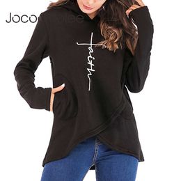 Jocoo Jolee Casual Long Sleeve Hoodies for Women Autumn Pockets Letter Print Irregular Sweatshirt Oversized Hoodies Tops 210619