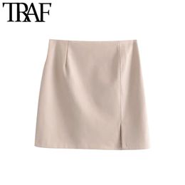 TRAF Women Chic Fashion Faux Leather Front Slit Mini Skirt Vintage High Waist Back Zipper Female Skirts Mujer 210415